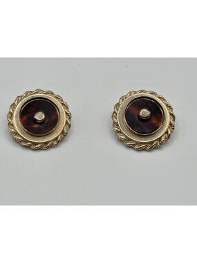 Vintage Leru Gold-Tone Amber Colored Cabochon Rope Border Clip-On Earrings